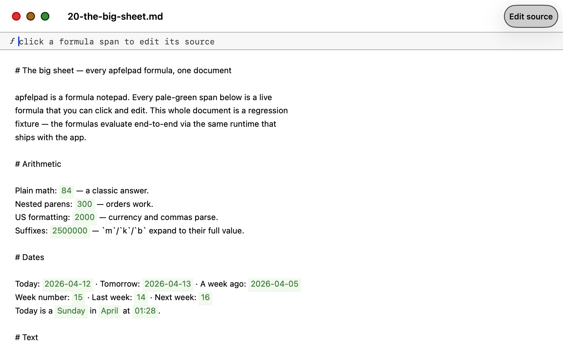 apfelpad rendering the big sheet — every formula type evaluating inline in pale-green spans: =math with US annotation, =date, =cw, =upper, =lower, =concat, =replace, =split, =sum, =avg, =if, =ref, and nested composition