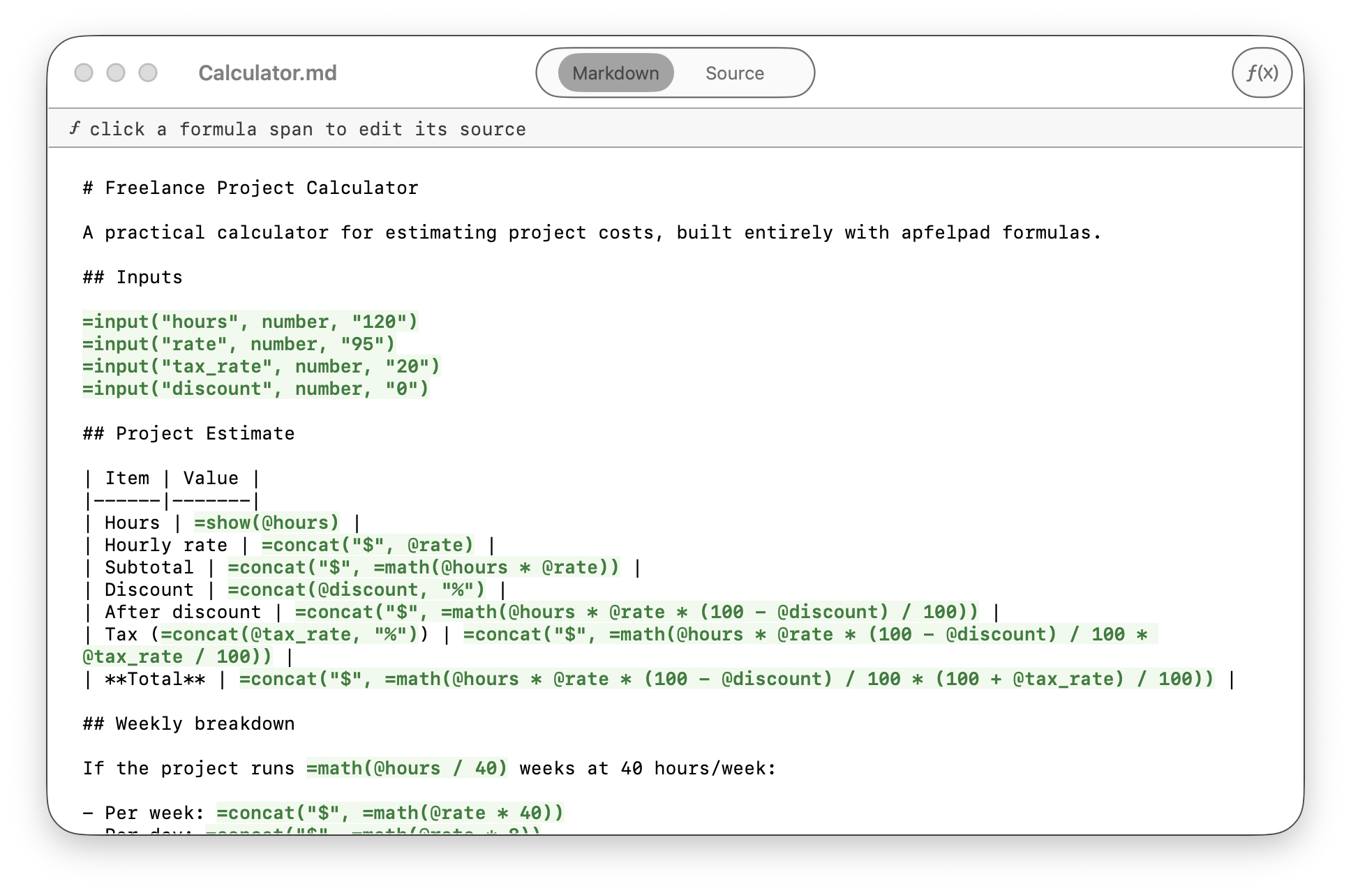 apfelpad calculator example with reactive input variables and live math formulas