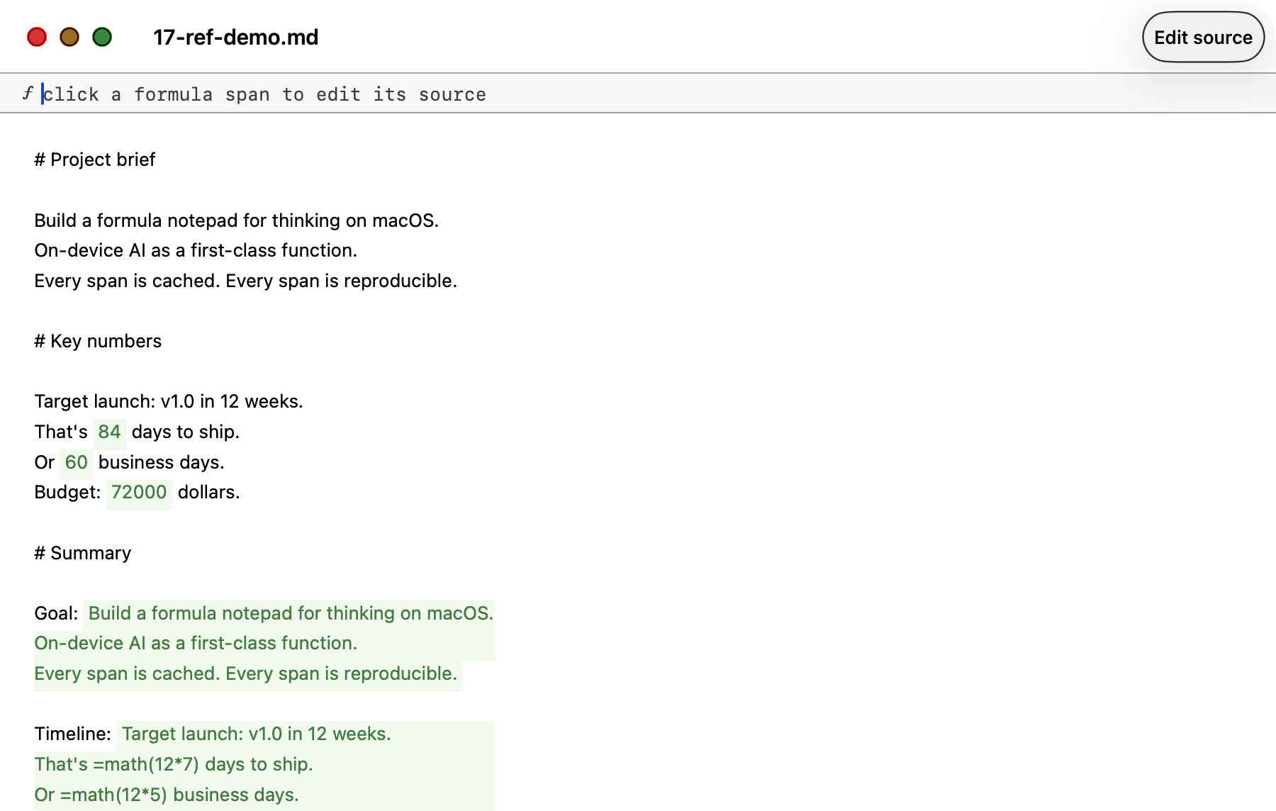 apfelpad rendering the =ref demo document — two =ref spans resolving to named heading sections, three =math spans resolving to numbers