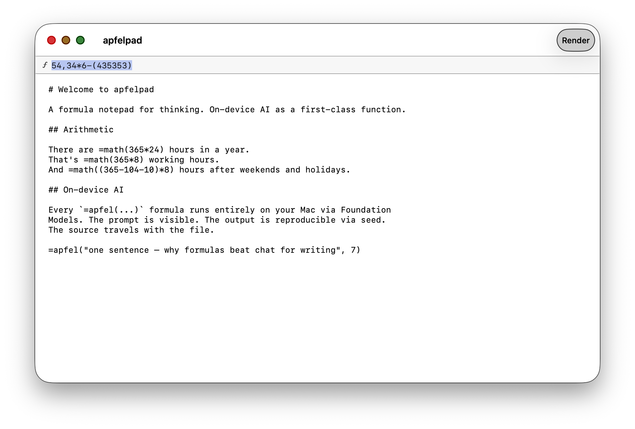 apfelpad source view showing raw formula syntax in markdown